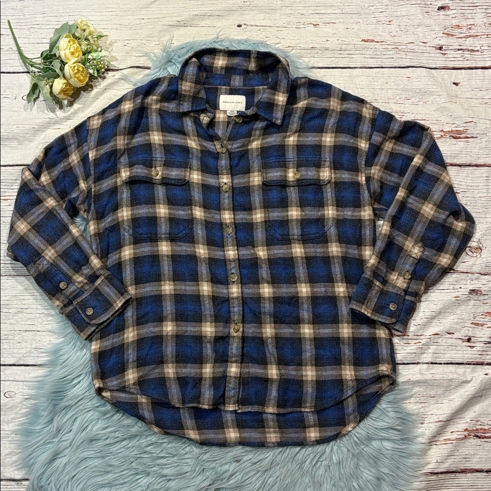 American Eagle Men’s Blue Tan Checkered Flannel Button Down